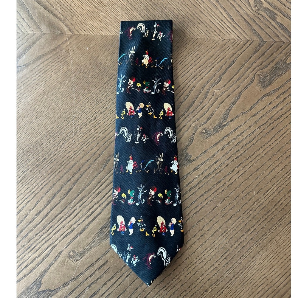 Vintage 1995 Looney Tunes Mania Character Print Tie Black Bugs Bunny Daffy Duck